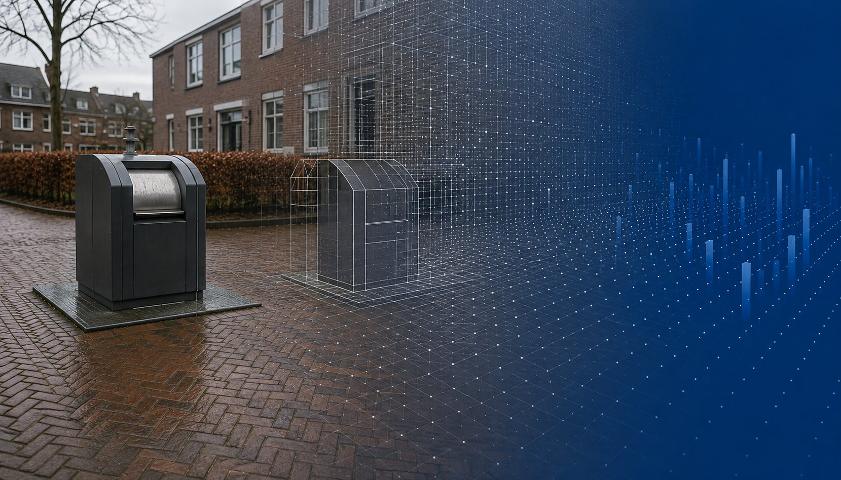 Een containerlocatie die overgaat van foto naar gedetecteerde objecten en meetbare data